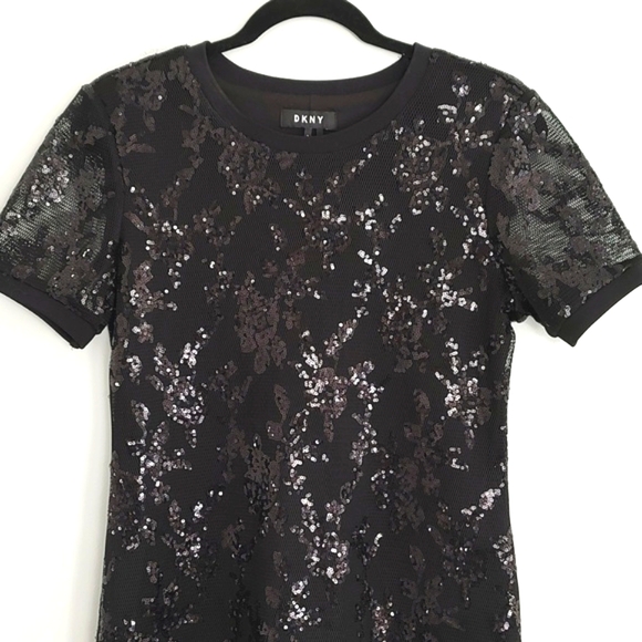 DKNY Womens Black Sequins Mesh Rib Collar & Sleeve Party Cocktail Dress/Size 2 - Picture 2 of 10